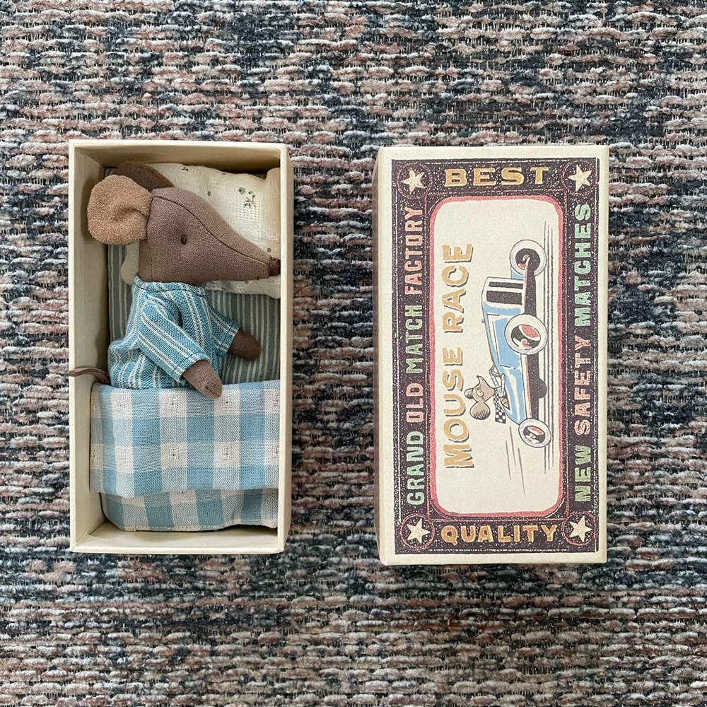 Maileg Big Brother Mouse in Box with Blue Checkered Bedding